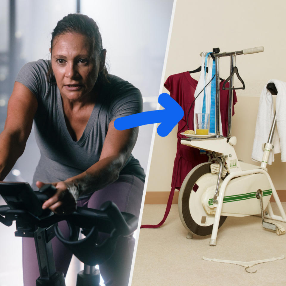 (left) person riding peloton (right) clothes on exercise bbike