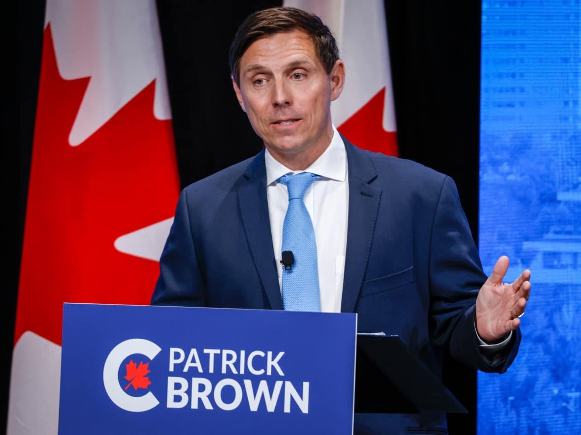 Patrick Brown gestures during the Conservative Party of Canada English leadership debate in Edmonton on May 11. Brown was disqualified from the race on Tuesday. (Jeff McIntosh/The Canadian Press - image credit)