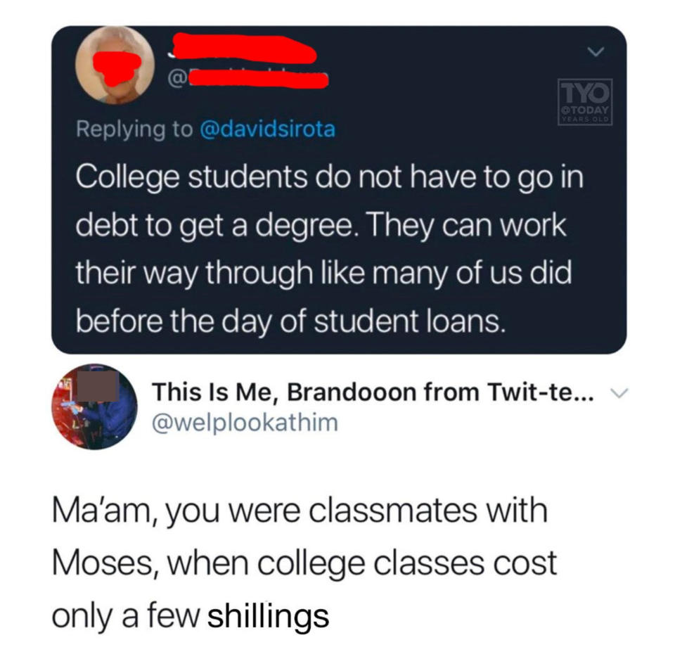 boomer being roasted for saying college is cheap