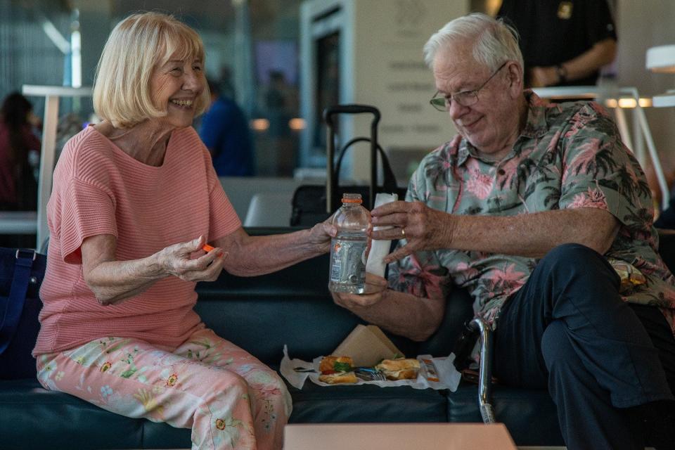 Bonnie and Art Friedman of Palm Coast, Fla., prepare a lunch on their turnaround time at the West Palm Beach Brightline station on September 22, 2023. The couple rode the inaugural train to West Palm Beach from Orlando just to ride 'the first train,' they said.