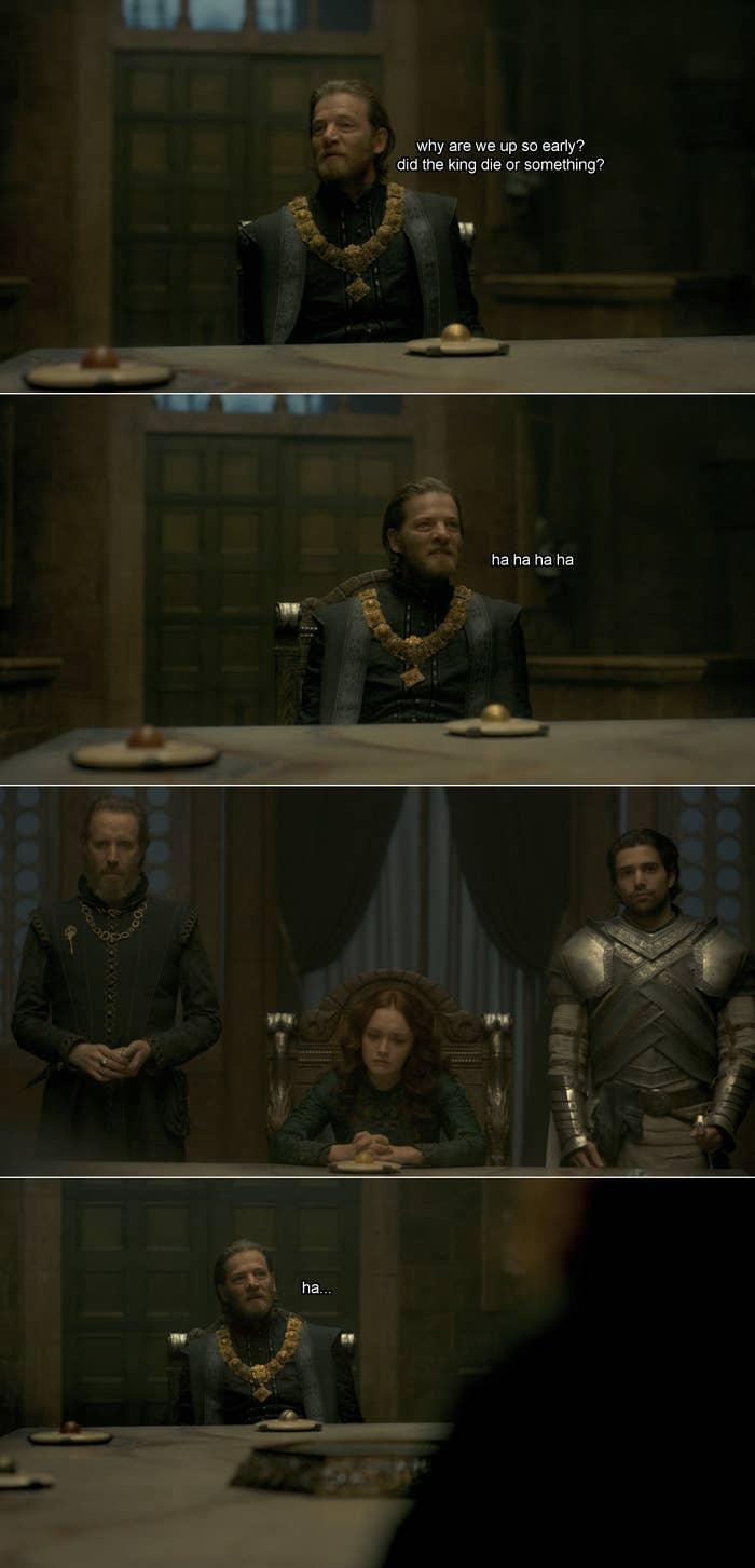 Fake dialogue from Tyland Lannister in the small council scene with him saying "why are we here so early did someone die or something" and then awkwardly laughing