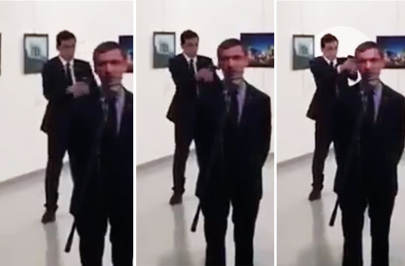 Gunman Mevlut Mert Altintas slowly paced over to stand on the opposite side of Mr Karlov, where he shot and killed the ambassador. Photo: Twitter