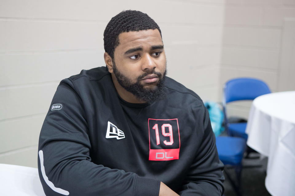 Feb 27, 2020; Indianapolis, Indiana, USA;  Texas Tech defensive lineman Broderick Washington (DL19) speaks to the media during the 2020 NFL Combine in the Indianapolis Convention Center. Mandatory Credit: Trevor Ruszkowski-USA TODAY Sports