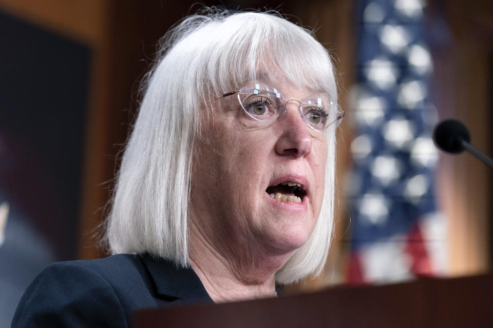 FILE - Sen. Patty Murray, D-Wash., speaks during a news conference the vote to codify Roe v. Wade, in this May 5, 2022 file photo on Capitol Hill in Washington. Murray is one of the U.S. Senate's most powerful members and seeking a sixth term at another inflection point for women now that the U.S. Supreme Court has overturned the 1973 Roe v. Wade decision legalizing abortion nationwide. She is being challenged by Tiffany Smiley, a Republican from Pasco, Wash. (AP Photo/Jacquelyn Martin, File)