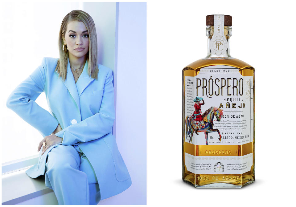 This combination photo shows singer-actress Rita Ora, left, and a bottle of her Prospero Anejo tequila. Ora, who serves as chief creative partner, teamed with master distiller Stella Anguiano to produce a variety of tequilas from Mexico. (AP Photo, left, and Prospero via AP)