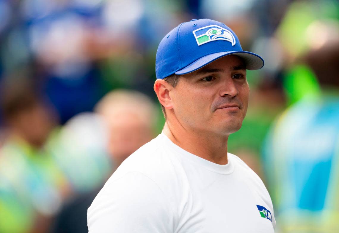 Seahawks head coach Mike Macdonald greets fans before the game between the Seattle Seahawks and the Denver Broncos at Lumen Field, on Sunday, Sept. 8, 2024, in Seattle, Wash.