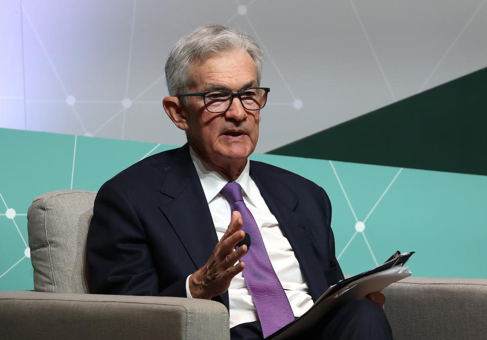 STANFORD, CALIFORNIA - APRIL 03: Federal Reserve Bank Chair Jerome Powell speaks during the Stanford Business, Government and Society Forum at Stanford University on April 03, 2024 in Stanford, California. Powell spoke at the Stanford’s first Business, Government, and Society Forum with the  theme of  responsible leadership in a polarized world. (Photo by Justin Sullivan/Getty Images)