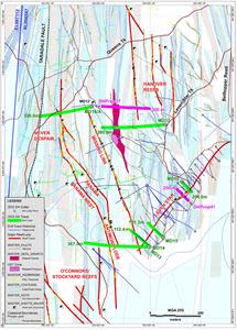 Location of drill holes MD13 – MD18 (green traces) from current diamond program on RL006587 with key target gold reefs (red lines) and solid geology. Target monzogranite is pink stippled polygon. Two additional drill holes (pink traces) added to current program to test the Missing Link Monzogranite and the Leven Star Reef. Refer to Appendix 1 for full geology legend.