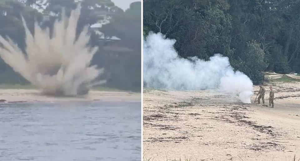 Explosion with military personnel on Bradys Beach, north of Ulladulla Harbour