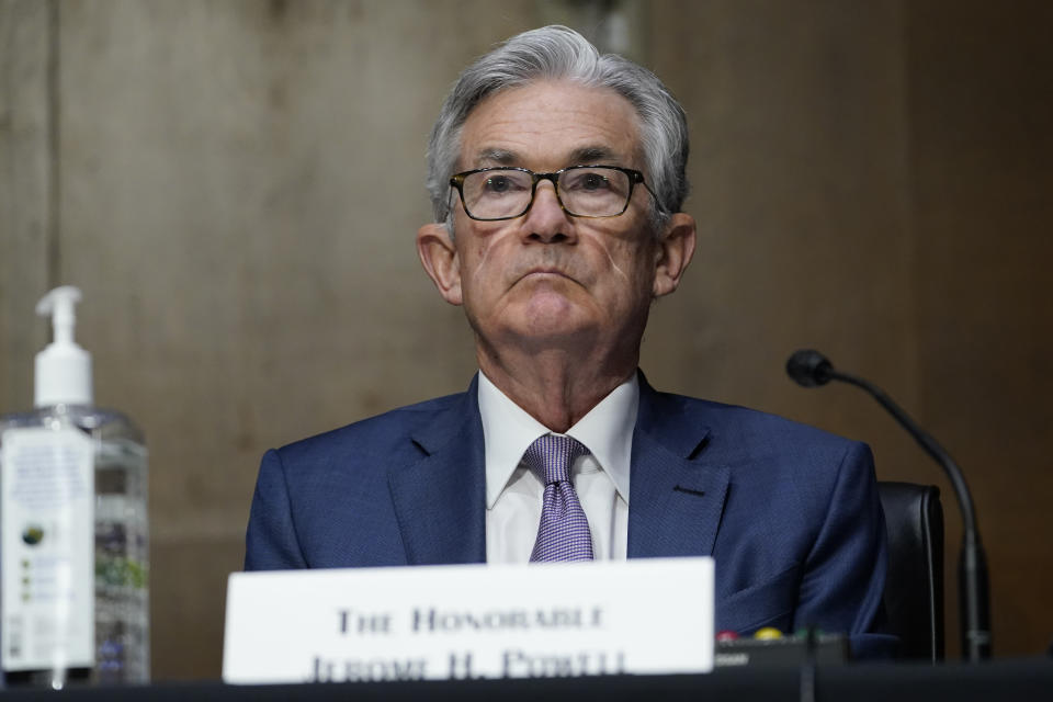 FILE - In this Dec. 1, 2020 file photo, Chairman of the Federal Reserve Jerome Powell appears before the Senate Banking Committee on Capitol Hill in Washington.  A Federal Reserve survey has found that the economy was rebounding in late February through early April, helped by billions of dollars in a new round of stimulus payments and the stepped-up rollout of coronavirus vaccines. The new survey released Wednesday, April 14, 2021 showed that the Fed's business contacts around the country were expressing more optimism about the economy's outlook as activity accelerated. (AP Photo/Susan Walsh, Pool)