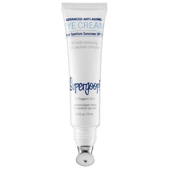 <p>A cool-touch, angled, metal applicator sets this sunscreen apart, letting you get into all the little corners with ease. Tighten wrinkles and brighten your eye area with light-reflecting mica while protecting from UV rays. <a href="http://www.supergoop.com/shop/spf-37-advanced-anti-aging-eye-cream/" rel="nofollow noopener" target="_blank" data-ylk="slk:Supergoop! Advanced Anti-Aging Eye Cream Broad Spectrum Sunscreen SPF 37;elm:context_link;itc:0;sec:content-canvas" class="link ">Supergoop! Advanced Anti-Aging Eye Cream Broad Spectrum Sunscreen SPF 37</a> ($45)</p>