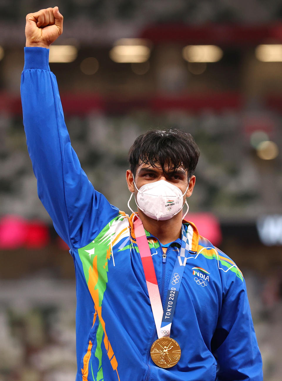 Tokyo 2020 Olympics - Athletics - Men's Javelin Throw - Medal Ceremony - Olympic Stadium, Tokyo, Japan - August 7, 2021. Gold medallist Neeraj Chopra of India celebrates on the podium REUTERS/Andrew Boyers