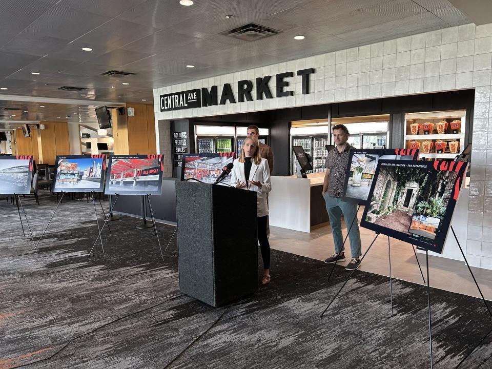 Bengals Senior Manager of Digital Strategy Caroline Blackburn talking to media about what’s new to the fan experience this season at Paycor Stadium on Tuesday, July 25, 2023.