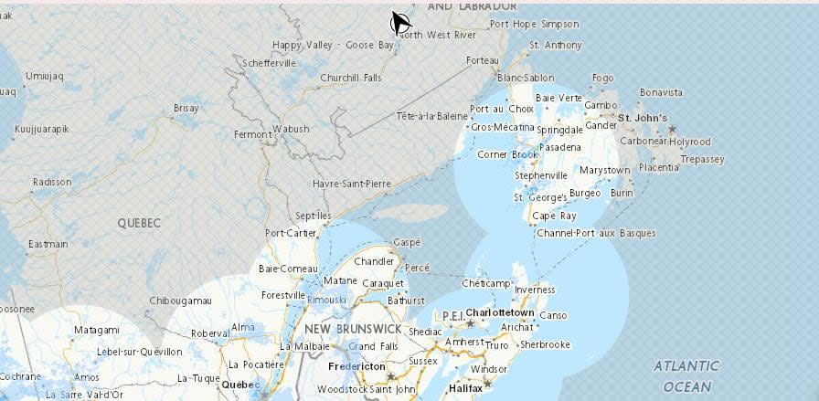 Due to the Holyrood weather radar being down, there is a blind spot over Environment Canada's weather radar over eastern Newfoundland.