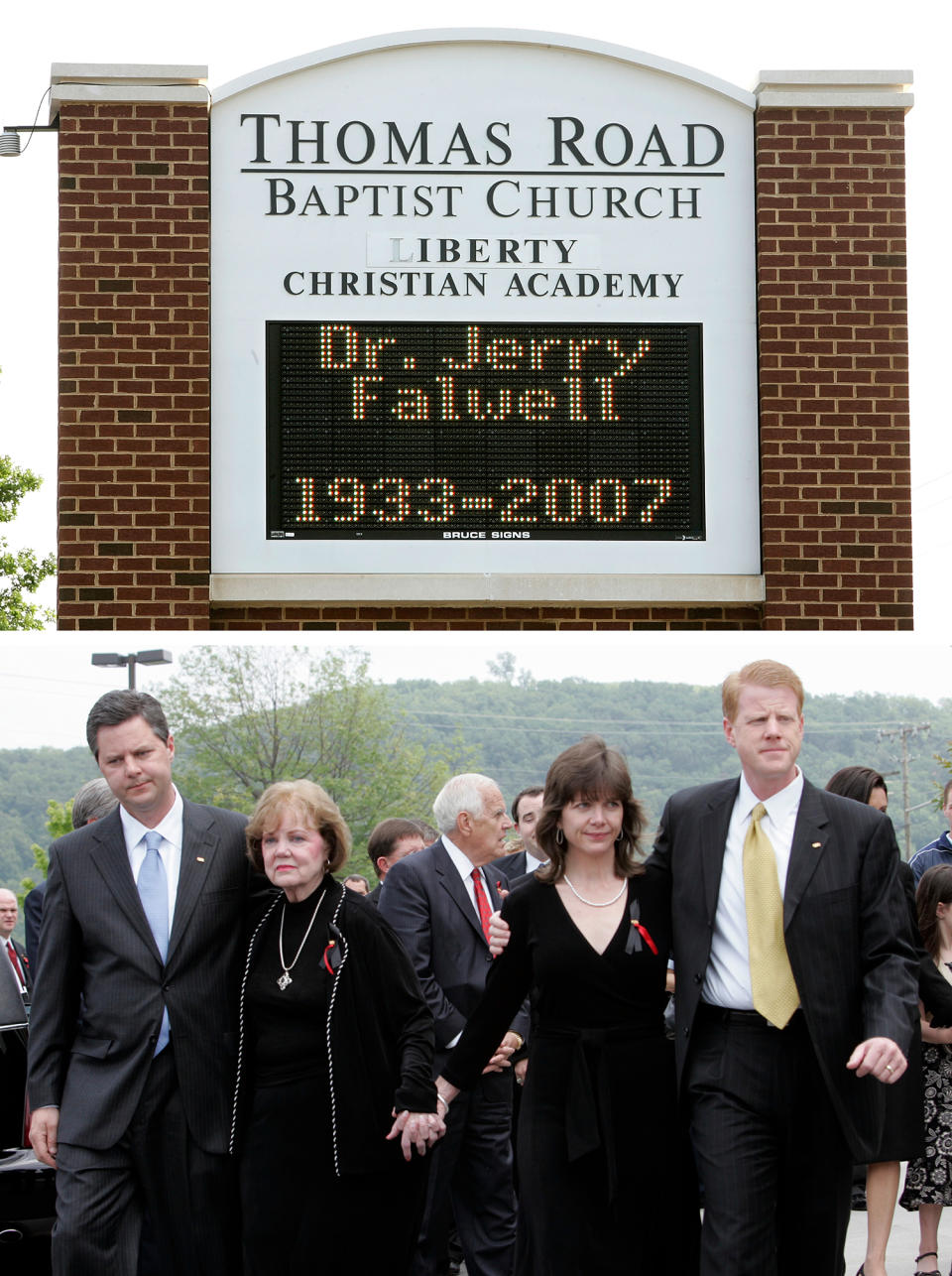 Top: A sign in front of the current Thomas Road Baptist Church displays a memorial message after the death of Rev. Jerry Falwell Sr. in May 2007. Bottom: Members of the Falwell family — (left-right) his son, Jerry Jr.; Rev. Falwell’s wife of 49 years, Macel; his daughter, Jeannie Savas; and son, Rev. Jonathan Falwell — leave the Thomas Road Baptist Church after Rev. Falwell’s funeral on May 22, 2007.