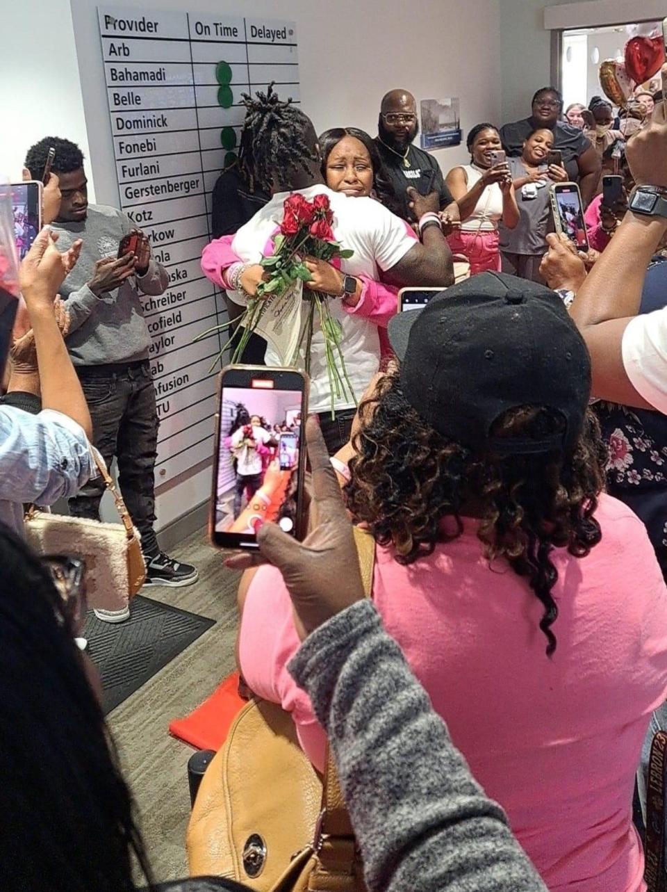 Angelica May and Imeek Watkins moments after he proposed to her on March 20, 2024.