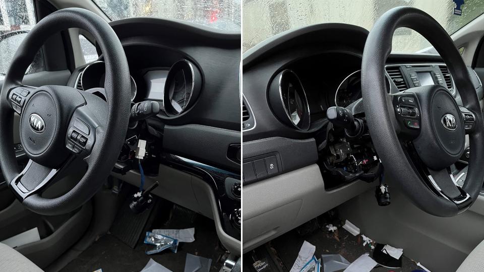 The front bumper, hood, and wheel well were all badly damaged. Inside, the steering wheel column near the ignition was ripped apart, which is the tell-tale sign of the thief using a USB plug-in device to steal the car. It’s a challenge that’s been widely seen on TikTok.