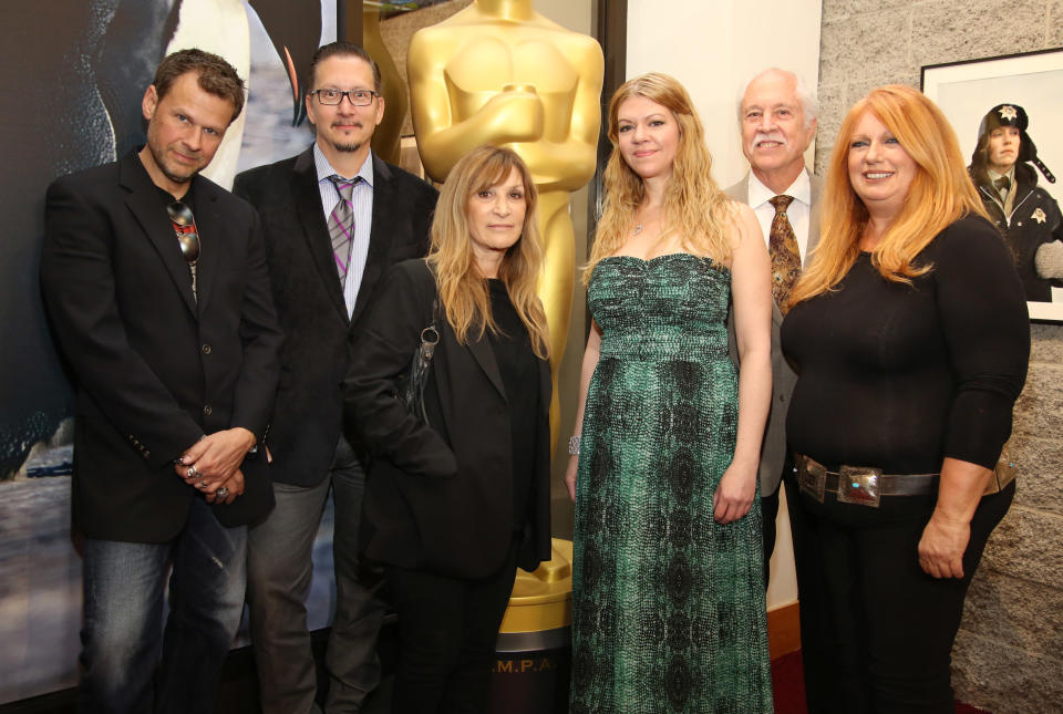 From left, Joel Harlow, Stephen Prouty, Gloria Pasqua-Casny, Robin Mathews, Leonard Engelman, and Adruitha Lee pose at 86th Academy Awards - Makeup and Hairstyling reception on Saturday, March 1, 2014, in Beverly Hills, Calif. (Photo by Annie I. Bang /Invision/AP)