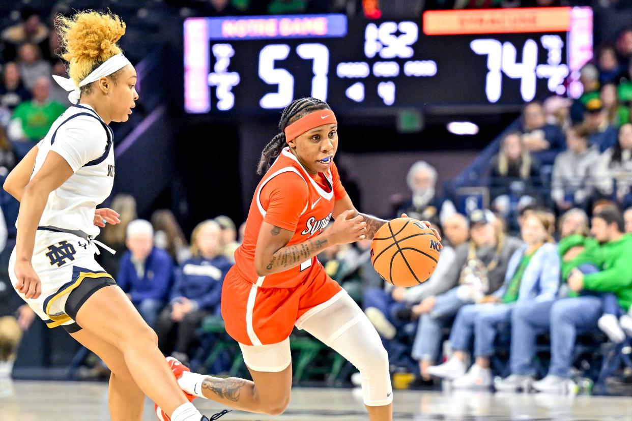 Syracuse Orange guard Dyaisha Fair dribbles as Notre Dame Fighting Irish guard Hannah Hidalgo defends in the second half.