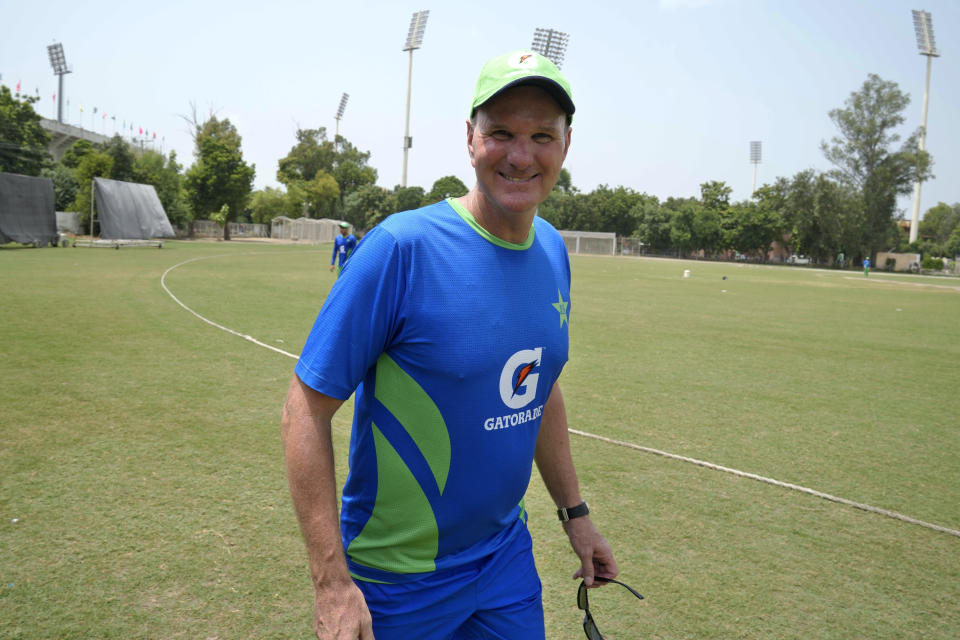 Pakistan's men cricket team head coach Grant Bradburn arrives for talk to reporters in Lahore, Pakistan, Wednesday, Aug. 16, 2023. (AP Photo/K.M. Chaudary)