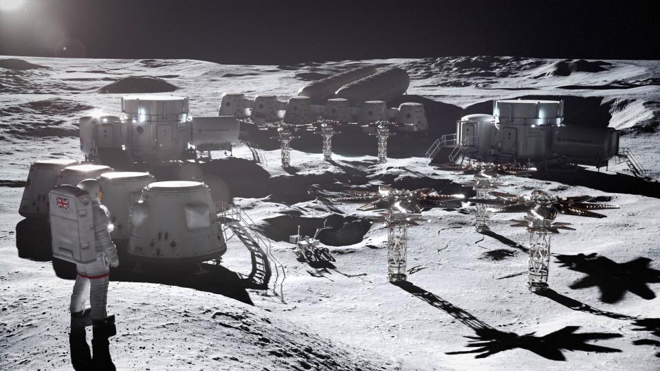  Artist's illustration of a moon base powered by Rolls-Royce microreactors. 