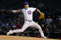 Chicago Cubs starting pitcher Alec Mills delivers during the first inning of a baseball game against the Minnesota Twins Tuesday, Sept. 21, 2021, in Chicago. (AP Photo/Charles Rex Arbogast)