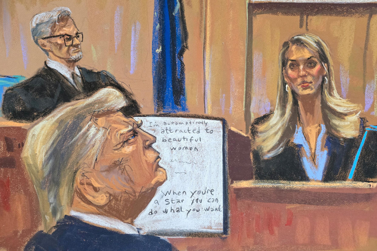 A courtroom sketch shows Hope Hicks testifying in Trump's hush money trial 