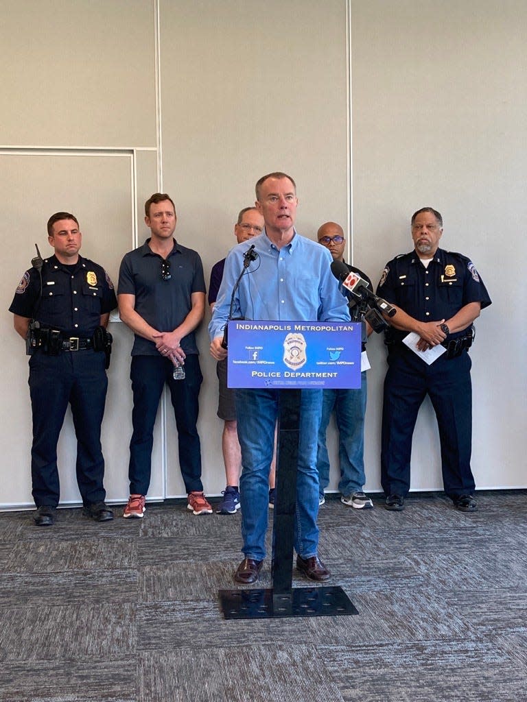 Indianapolis Mayor Joe Hogsett speaks June 25, 2023 after a deadly shooing in Broad Ripple Village.