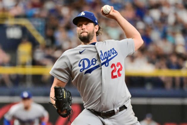 Clayton Kershaw of the Los Angeles Dodgers and his family poses