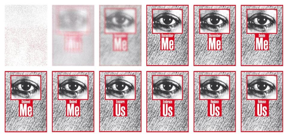 Earlier static text and image pieces are recast with new terms (Barbara Kruger/Spruth Magers)