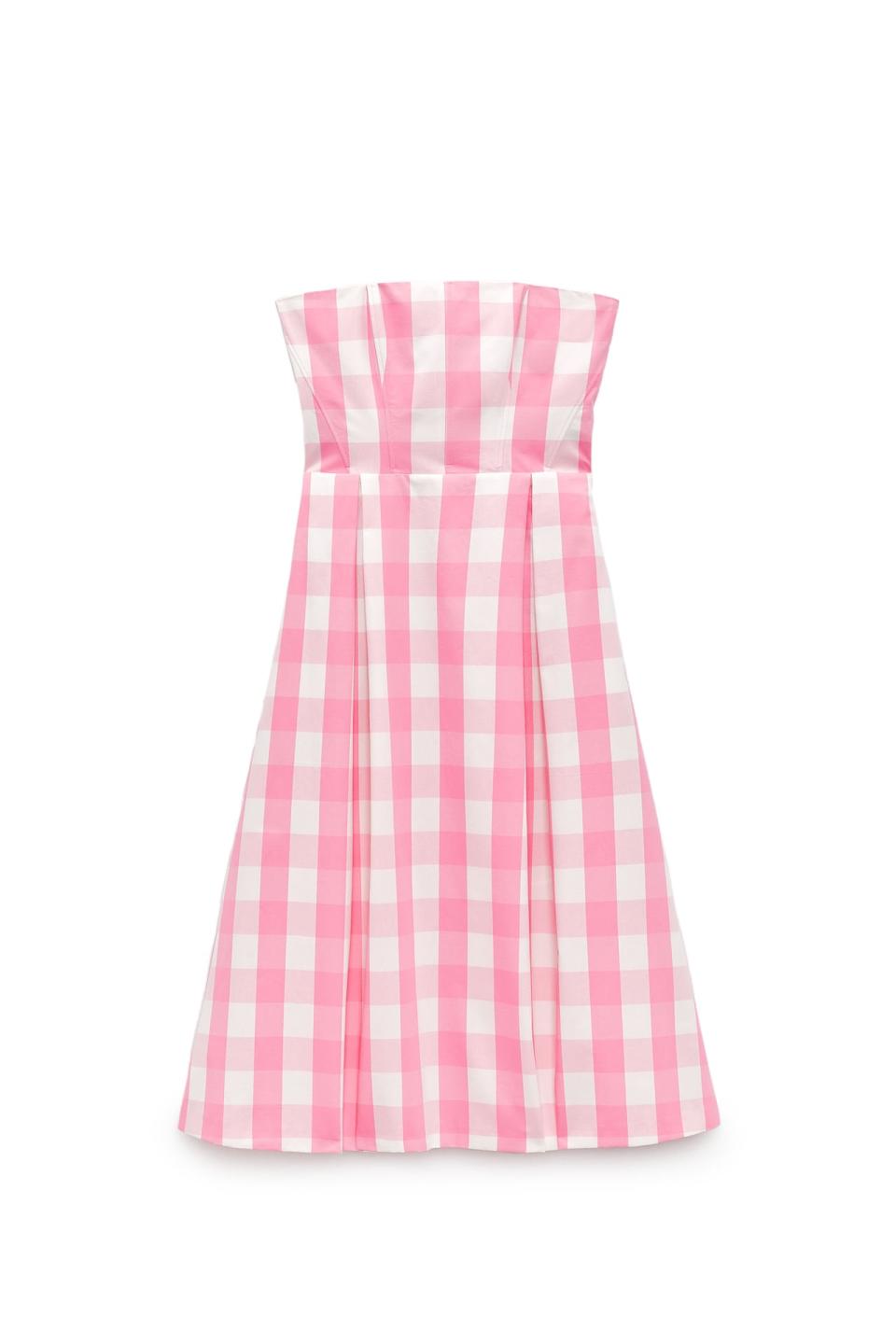 pink and white strapless gingham dress