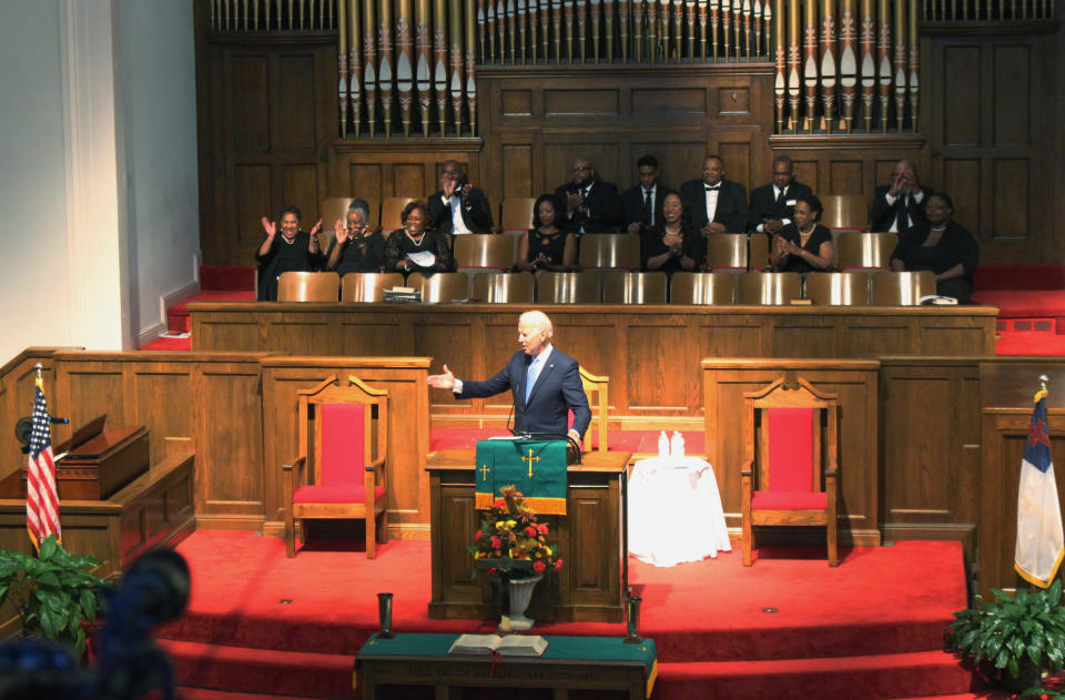 Former Vice President and presidential candidate Joe Biden attends a service at 16th Street Baptist Church in Birmingham, Ala., Sunday, Sept. 15, 2019. Visiting the black church bombed by the Ku Klux Klan in the civil rights era, Democratic presidential candidate Biden said Sunday the country hasn't "relegated racism and white supremacy to the pages of history" as he framed current tensions in the context of the movement's historic struggle for equality. (Ivana Hrynkiw/The Birmingham News via AP)