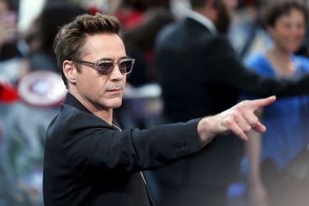 Cast member Robert Downey Jr. poses at the european premiere of "Avengers: Age of Ultron" at Westfield shopping centre, Shepherds Bush, London April 21, 2015. REUTERS/Stefan Wermuth