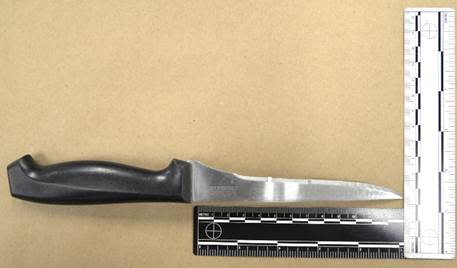 The Flagler County Sheriff's Office stated that Melinda Gould broke into her ex-husband's home near Bunnell, took this knife from the kitchen and tried to stab him.
