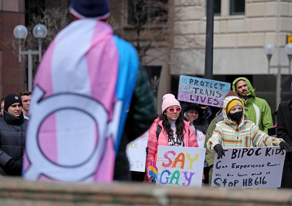 People protest House Bill 616 on Saturday, April 9, 2022, outside the Ohio Statehouse. State Reps. Mike Loychik, R-Bazetta, and Jean Schmidt, R-Loveland, introduced the bill, which would restrict teaching about sexual orientation and gender identity in schools.