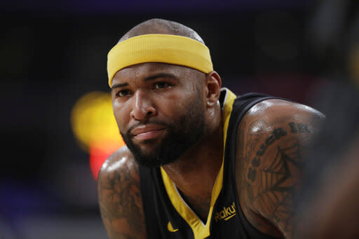 FILE – In this April 4, 2019, file photo, then-Golden State Warriors’ DeMarcus Cousins is shown during the first half of an NBA basketball game against the Los Angeles Lakers, in Los Angeles. (AP Photo/Marcio Jose Sanchez, File)