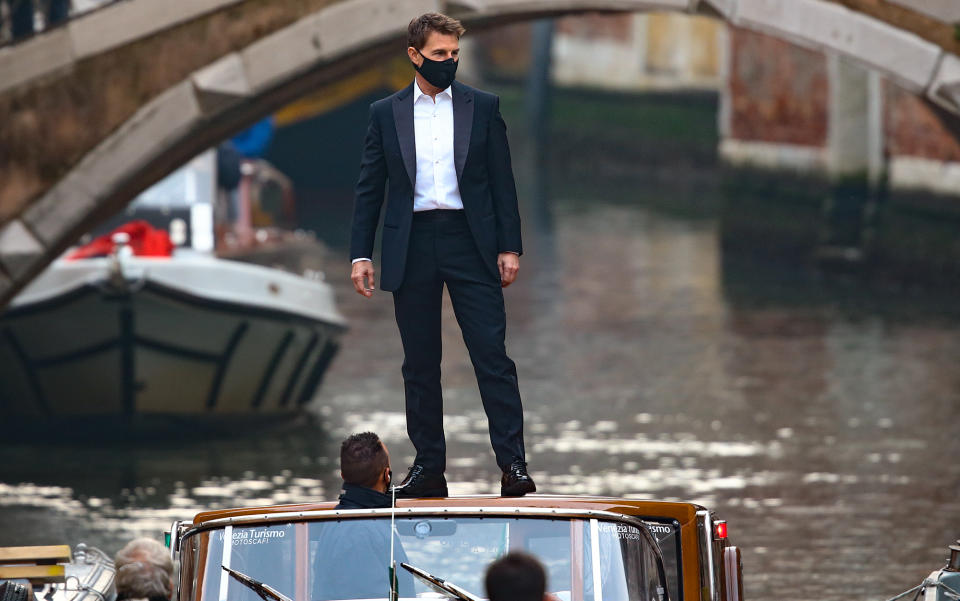 <p>Tom Cruise is seen on the first day of filming in Venice, Italy for the <em>Mission: Impossible 7</em> film on Tuesday.</p>