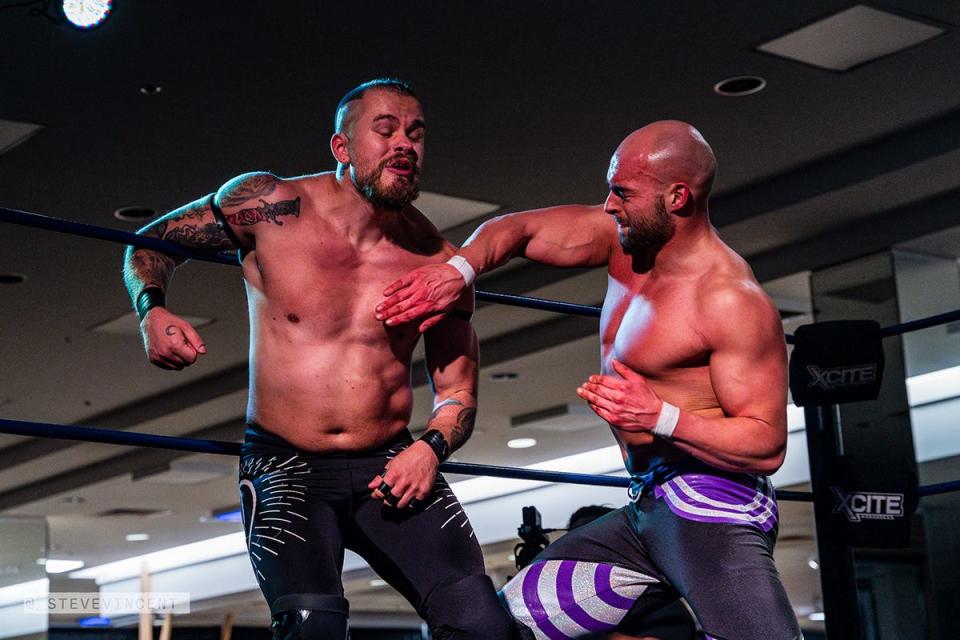 Chael Connors, right, lands a strike in Xcite Wrestling action. The promotion will make its Hornell debut Saturday with Maple City Madness at the Hornell YMCA.