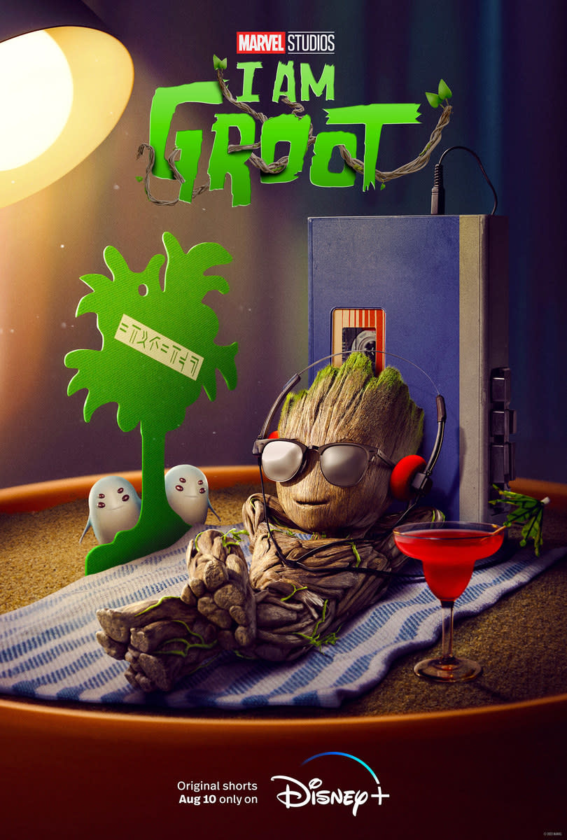The poster for I Am Groot, which features a baby Groot lounging against a Walkman while lying on a towel with a colorful drink next to him