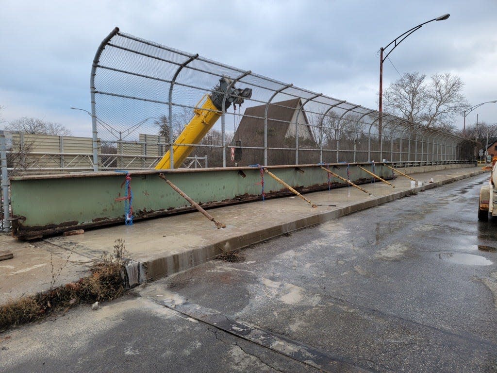 The Ohio Department of Transportation and the city of Columbus plan to soon open a pedestrian lane on the east roadway side of the bandaged South 4th Street bridge (seen here) because engineers have determined the bridge is 'structurally sound.' The bridge was damaged by a semi-truck that struck an underside structural beam on Saturday, Jan. 6, 2024.