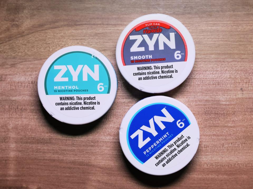 Containers of "Zyn" nicotine pouches.