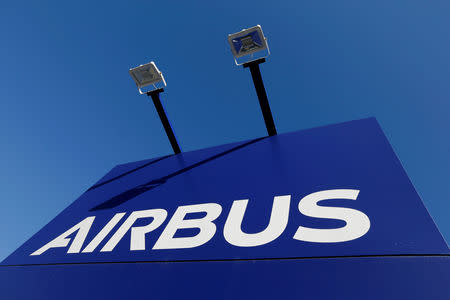 FILE PHOTO: The Airbus logo is pictured at Airbus headquarters in Blagnac near Toulouse, France, March 20, 2019. REUTERS/Regis Duvignau/File Photo