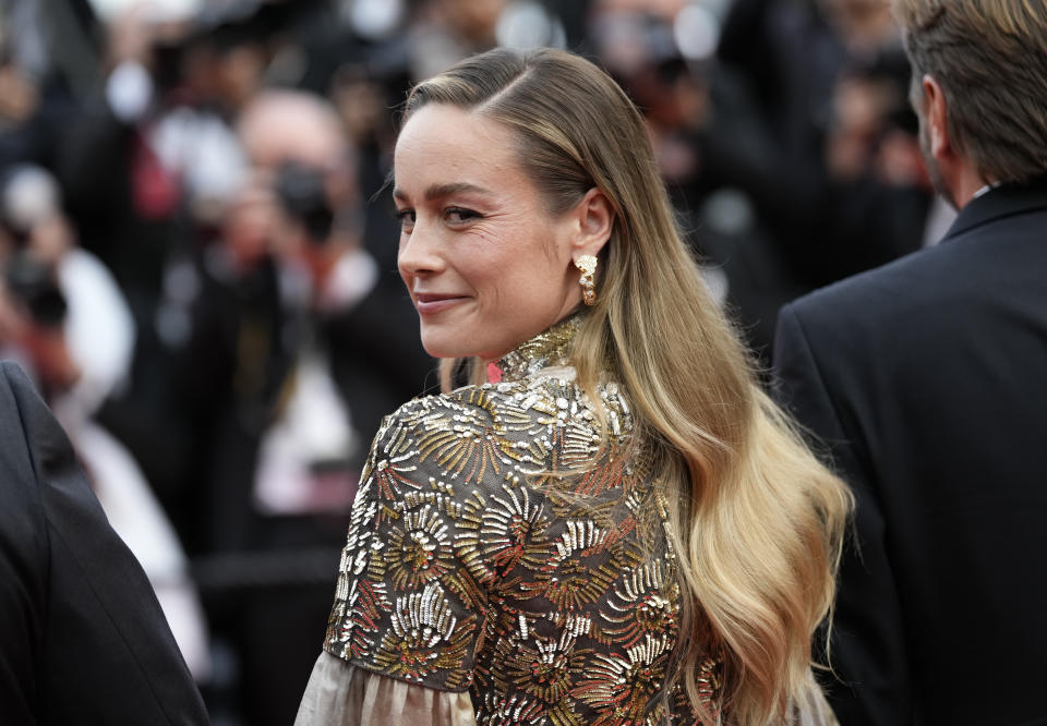 Jury member Brie Larson poses for photographers upon arrival at the opening ceremony and the premiere of the film 'Jeanne du Barry' at the 76th international film festival, Cannes, southern France, Tuesday, May 16, 2023. (Photo by Scott Garfitt/Invision/AP)