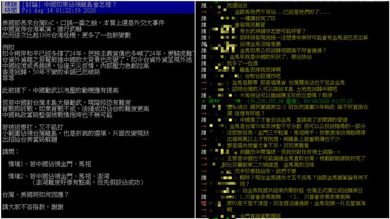 網友討論若外島遭佔領會發生甚麼情況。（圖／翻攝自PTT）