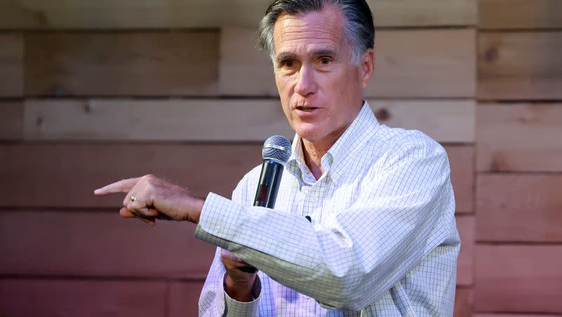 Sen. Mitt Romney, R-Utah, speaks at RevRoad in Provo on Aug. 23, 2023.