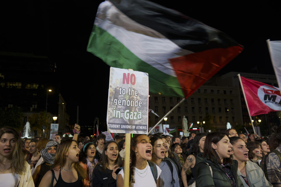 Students take part in a protest outside the rectory of the University of Athens, in central Athens, on Monday, May 13, 2024, in solidarity with pro-Palestinian campus demonstrations in the United States. Similar protests are being held in several other Greek cities. (AP Photo/Petros Giannakouris)