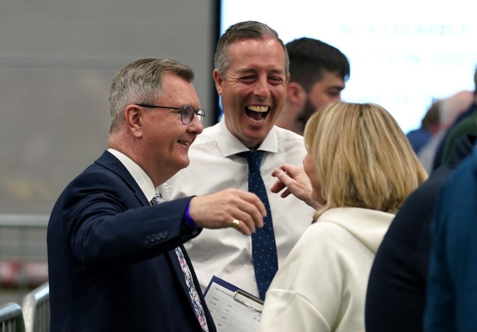 DUP candidates Sir Jeffrey Donaldson and Paul Givan at Ulster University’s Jordanstown count centre in Newtownabbey (Brian Lawless/PA) (PA Wire)