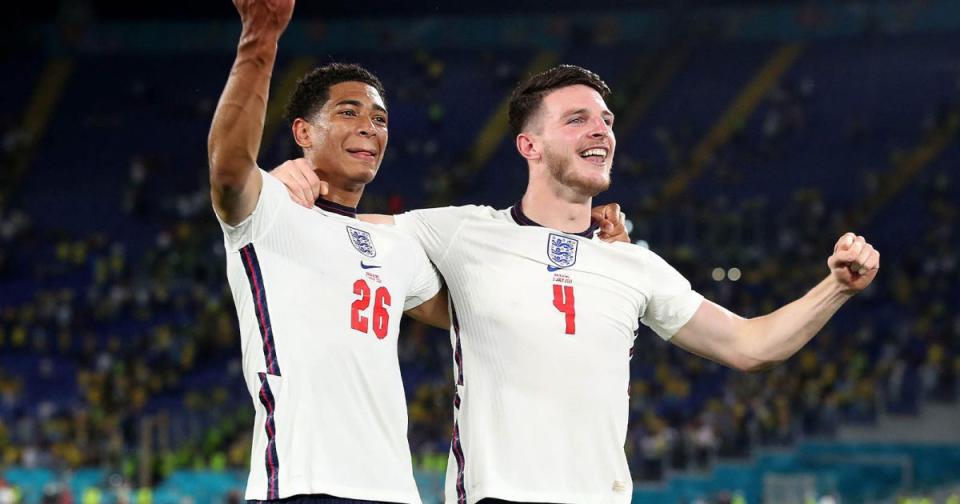 England's Jude Bellingham (left) and Declan Rice celebrate after the UEFA Euro 2020 Quarter Final Credit: Alamy