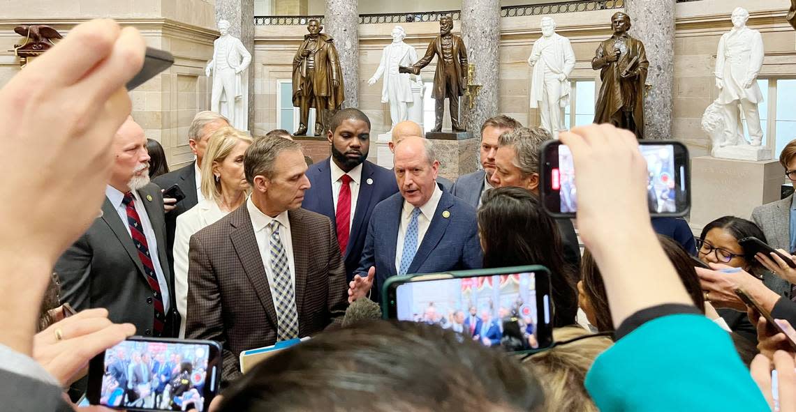 Rep. Dan Bishop speaks during a news conference in Statuary Hall in the U.S. Capitol about why a group of representatives changed their minds and voted for Rep. Kevin McCarthy for House speaker on Friday, Jan. 6, 2023.