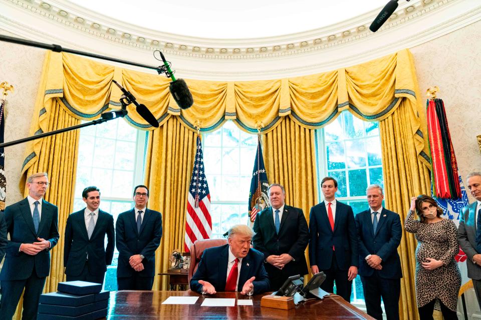 US President Donald Trump speaks to the leaders of Sudan and Israel as he announces that Sudan will normalize relations with Israel at the White House in Washington, DC, on October 23, 2020. - "Sudan and Israel have agreed to the normalization of relations -- another major step toward building peace in the Middle East with another nation joining the Abraham Accords," Trump said.